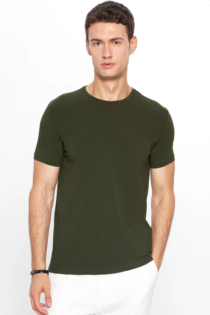 تودورس Men's Slim Fit Slim Cut Cotton Soft Texture Flexible Fabric Plain Basic Khaki Crew Neck T-Shirt