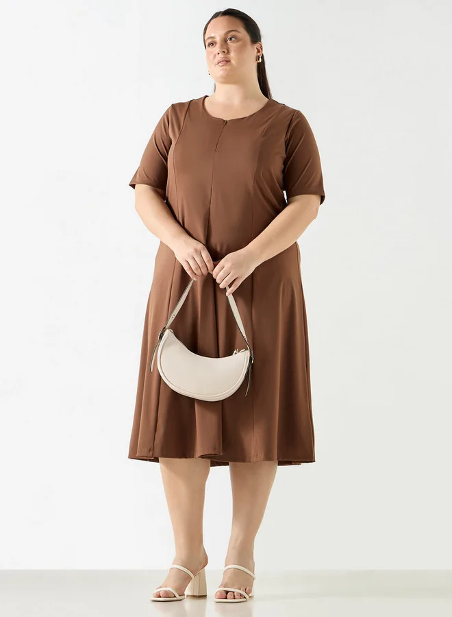 Ulla Popken Plus Size Ulla Popken Solid Midi Dress with Short Sleeves and Zip Closure