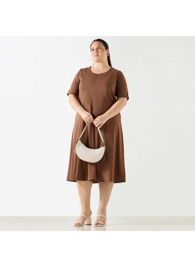 Ulla Popken Plus Size Ulla Popken Solid Midi Dress with Short Sleeves and Zip Closure  - Image 2