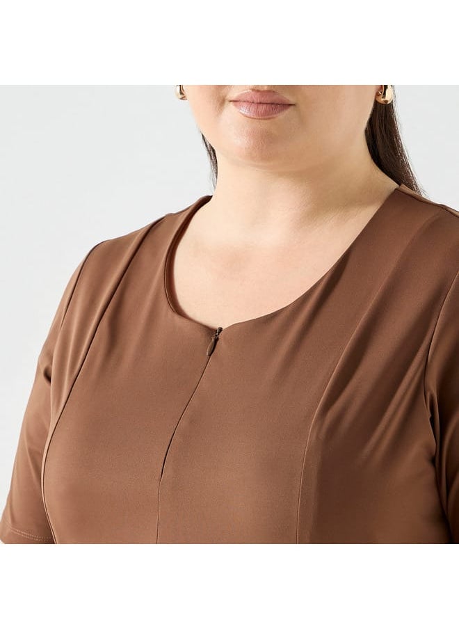 Ulla Popken Plus Size Ulla Popken Solid Midi Dress with Short Sleeves and Zip Closure  - Image 4
