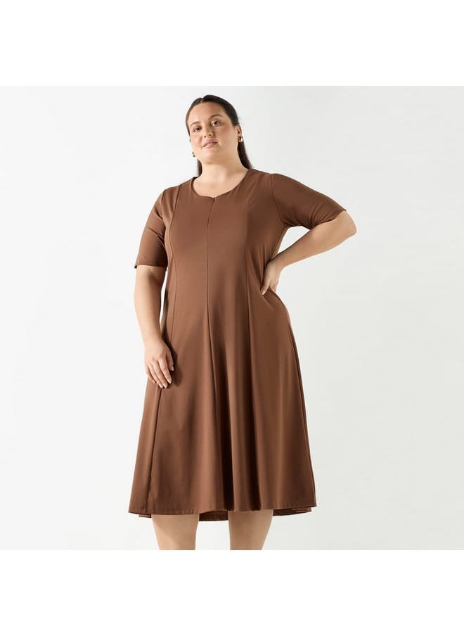 Ulla Popken Plus Size Ulla Popken Solid Midi Dress with Short Sleeves and Zip Closure  - Image 1