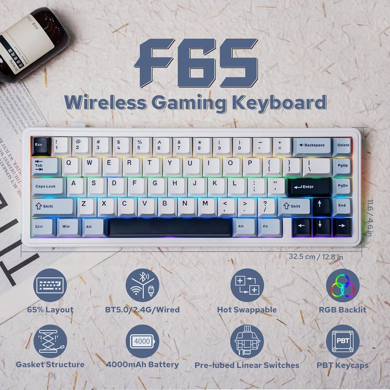 EPOMAKER x Aula F65 65% Wireless Mechanical Keyboard, Hot Swappable Gasket Custom Gaming Keyboard with Five-Layer Padding, RGB Backlit, Bluetooth/2.4GHz/USB-C (Light Blue, Graywood V3 Switch) - Image 2