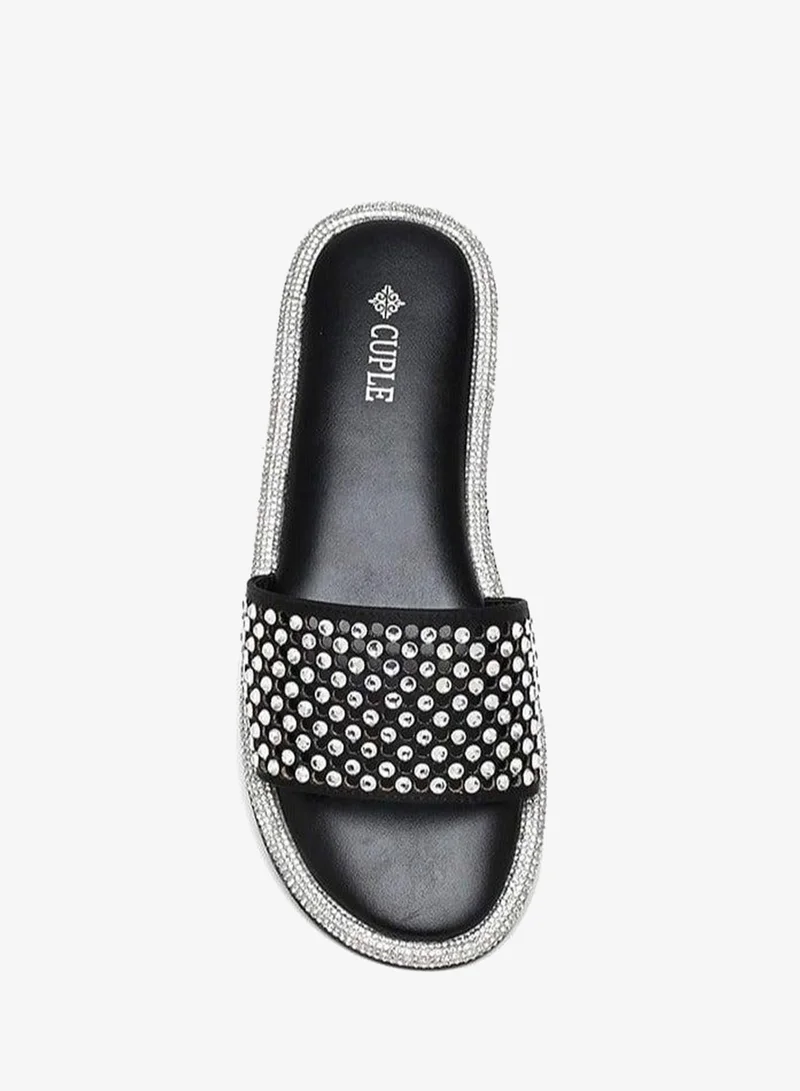 Cuple Black Slip-on Embellished  Flat Sandals for Women | Best Price UAE