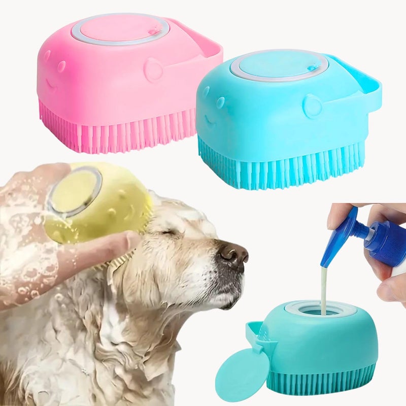 VAYINATO® (2 Pcs-Random Color) Pet Grooming Bath Massage Brush with Soap and Shampoo Dispenser Soft Silicone Bristle for Long Short Haired Dogs Cats Shower By Petzlifeworld - Image 1