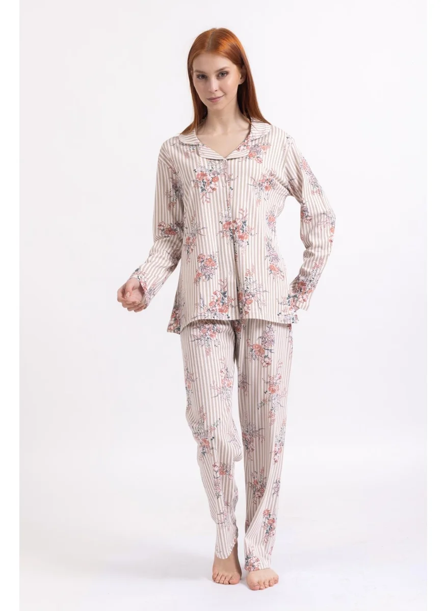 Mutlu City Women's Four Seasons 100% Cotton Buttoned Floral Patterned Pajama Set 9325