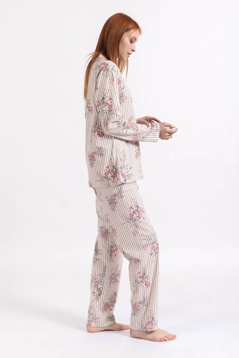 Mutlu City Women's Four Seasons 100% Cotton Buttoned Floral Patterned Pajama Set 9325