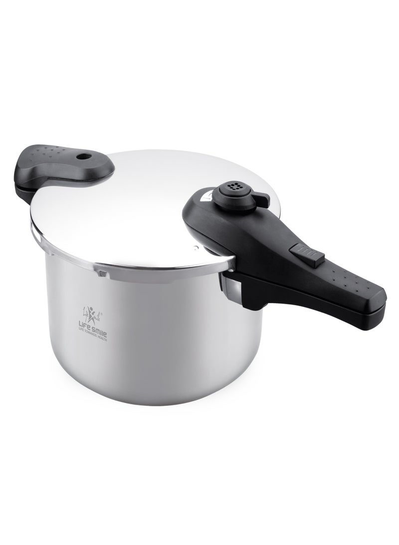 Life Smile 6Liters Pressure Cooker – 18/10 Stainless Steel, Push Button Lock System, Induction Compatible, Heat-Resistant Handles silver - Image 1