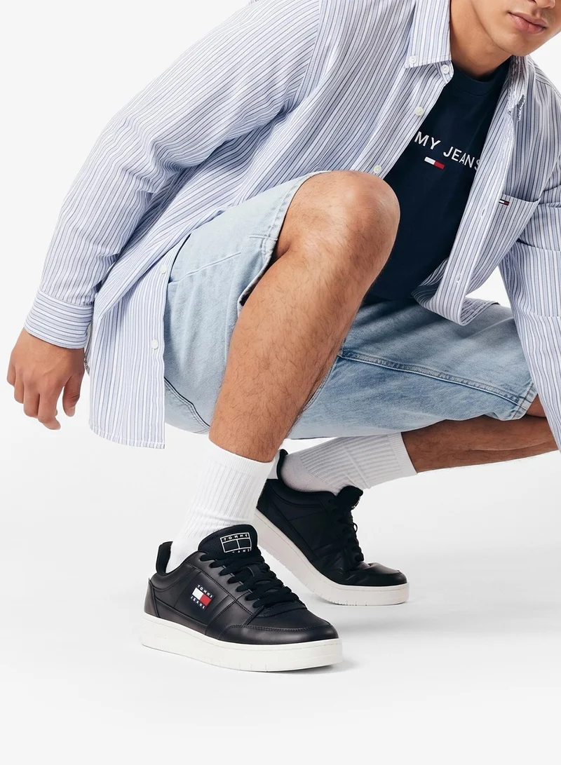 Tommy Jeans Black The Greenwich Logo Leather Court Sneakers for Men | Best Price UAE