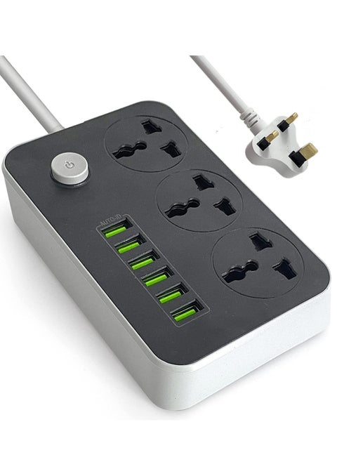 Power Strips Extension Cord 3 Outlets, Power Socket with 6 USB Ports Universal Charging Socket with 2M Bold Extension Cord