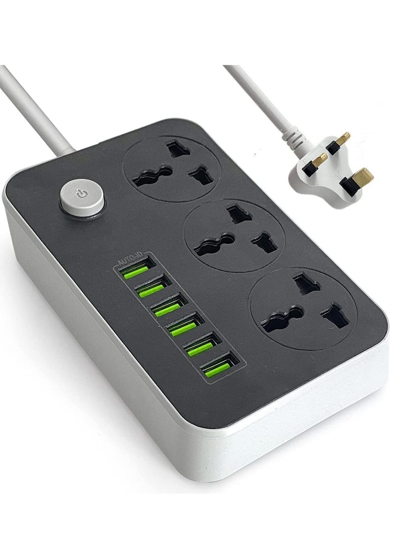 ELTRAZONE Power Strips Extension Cord 3 Outlets, Power Socket with 6 USB Ports Universal Charging Socket with 2M Bold Extension Cord  - Image 1