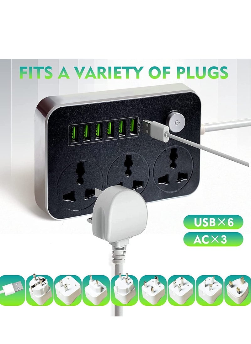 Power Strips Extension Cord 3 Outlets, Power Socket with 6 USB Ports Universal Charging Socket with 2M Bold Extension Cord