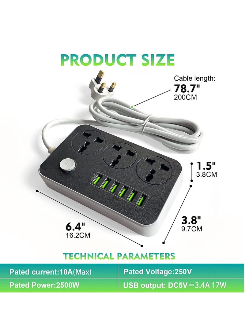 ELTRAZONE Power Strips Extension Cord 3 Outlets, Power Socket with 6 USB Ports Universal Charging Socket with 2M Bold Extension Cord  - Image 4