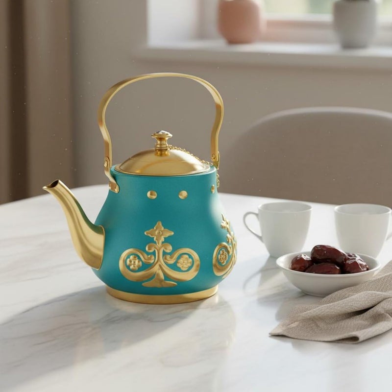 Generic Turkish Teapot Engraved Design Arabic type Teapot Display Decor Tableware, Array, White And Golden, 1.1L-2L - Image 4