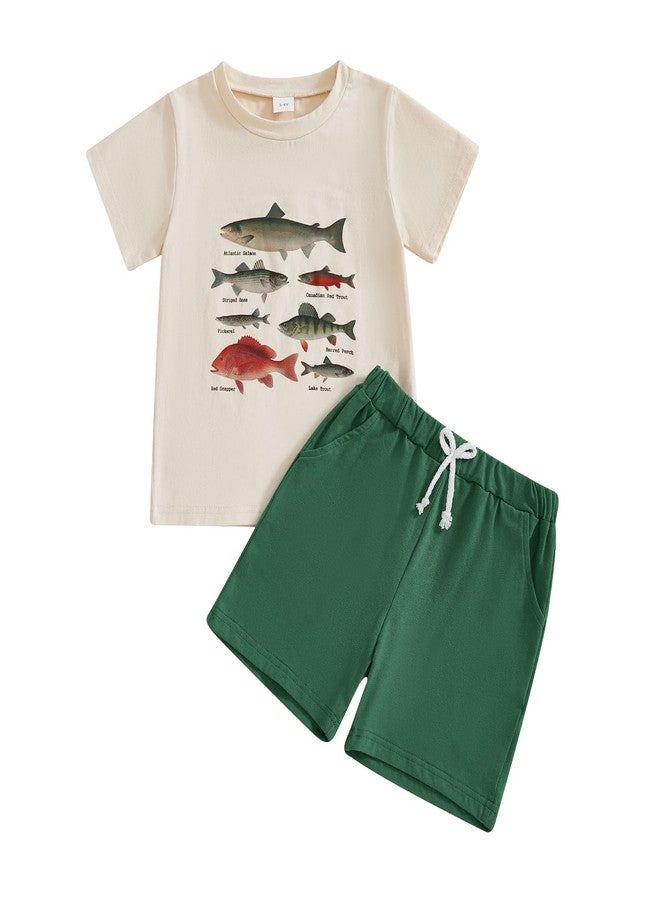 Fernvia Toddler Baby Boy Summer Clothes 2T 3T 4T Animal Print Short Sleeve T-shirts Tops + Drawstring Shorts Outfits (B-Green Fish, 3-4T) - Image 1