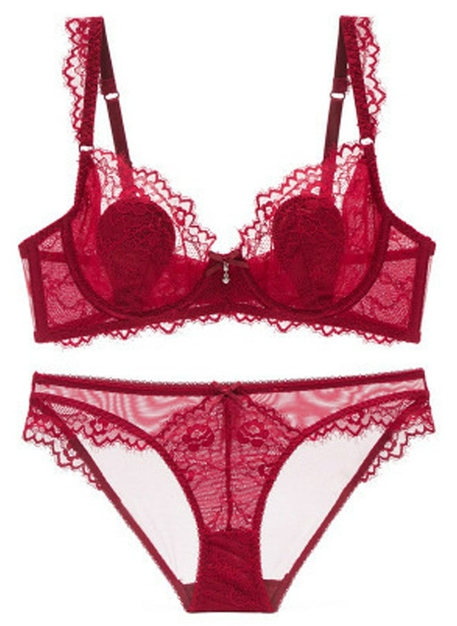 Loquat - Comfy Ultra Thin Cup Lace Bra And Panty Set Red - Image 1