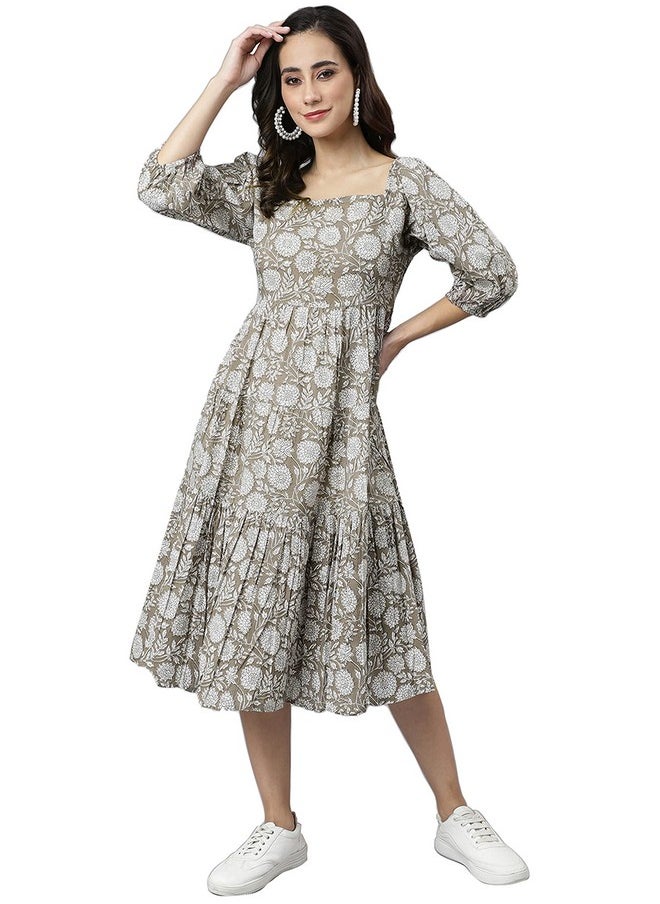 Janasya - Janasya Women's Grey Pure Cotton Floral Printed Tiered Dress (JNE3935-DR-S) - Image 1