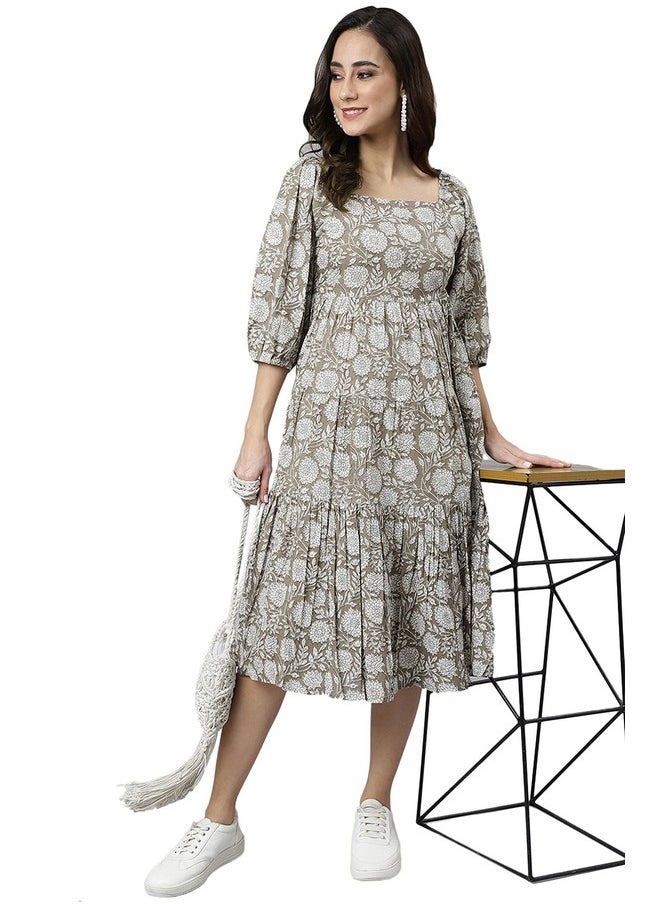 Janasya - Janasya Women's Grey Pure Cotton Floral Printed Tiered Dress (JNE3935-DR-S) - Image 1