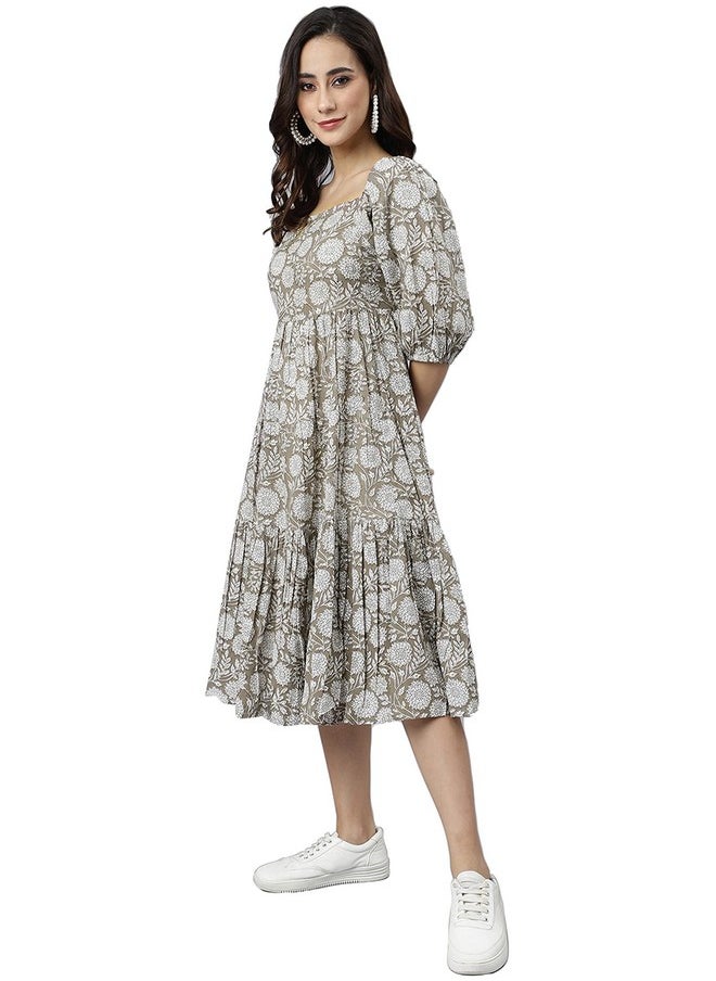 Janasya - Janasya Women's Grey Pure Cotton Floral Printed Tiered Dress (JNE3935-DR-S) - Image 1