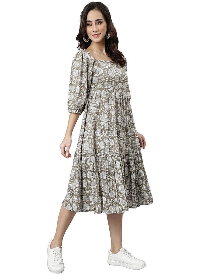 Janasya - Janasya Women's Grey Pure Cotton Floral Printed Tiered Dress (JNE3935-DR-S) - Image 1