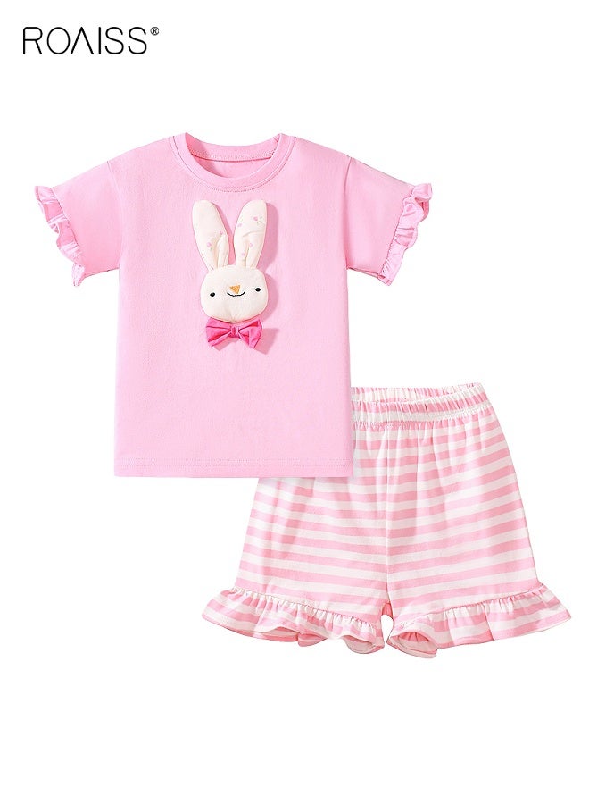 roaiss Toddler Girls Adorable T-shirt and Shorts Set, Stylish Summer Outfit with Cotton Cartoon T-shirt and Striped Shorts, 2 Piece Comortable Clothing Set for Little Girls - Image 1