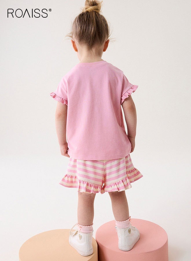 roaiss Toddler Girls Adorable T-shirt and Shorts Set, Stylish Summer Outfit with Cotton Cartoon T-shirt and Striped Shorts, 2 Piece Comortable Clothing Set for Little Girls - Image 3