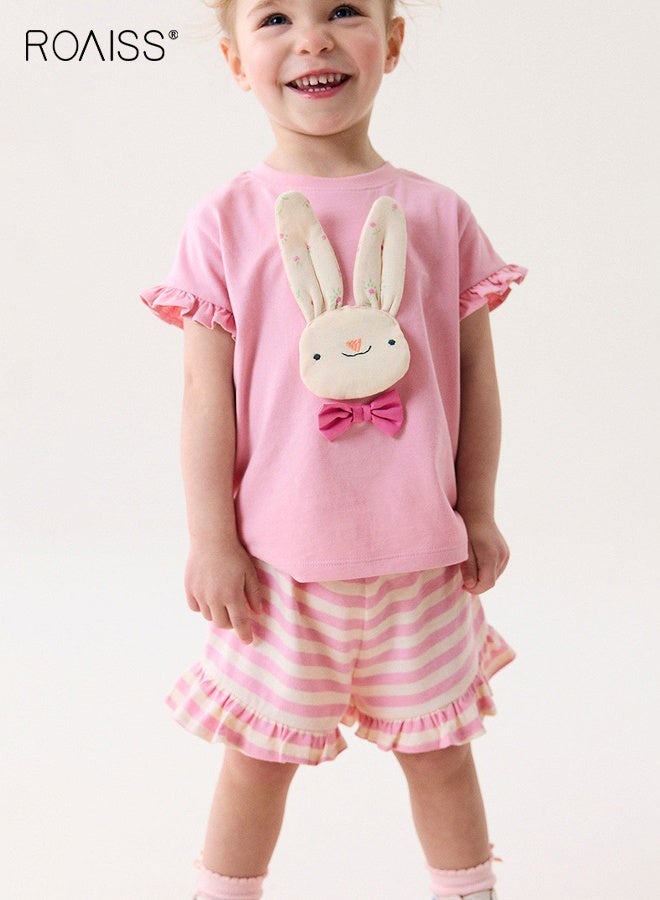 roaiss Toddler Girls Adorable T-shirt and Shorts Set, Stylish Summer Outfit with Cotton Cartoon T-shirt and Striped Shorts, 2 Piece Comortable Clothing Set for Little Girls, Suitable for Daily Wear or Any Occasion - Image 1