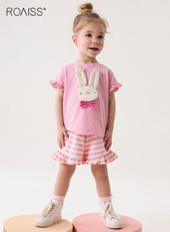 roaiss Toddler Girls Adorable T-shirt and Shorts Set, Stylish Summer Outfit with Cotton Cartoon T-shirt and Striped Shorts, 2 Piece Comortable Clothing Set for Little Girls, Suitable for Daily Wear or Any Occasion - Image 2