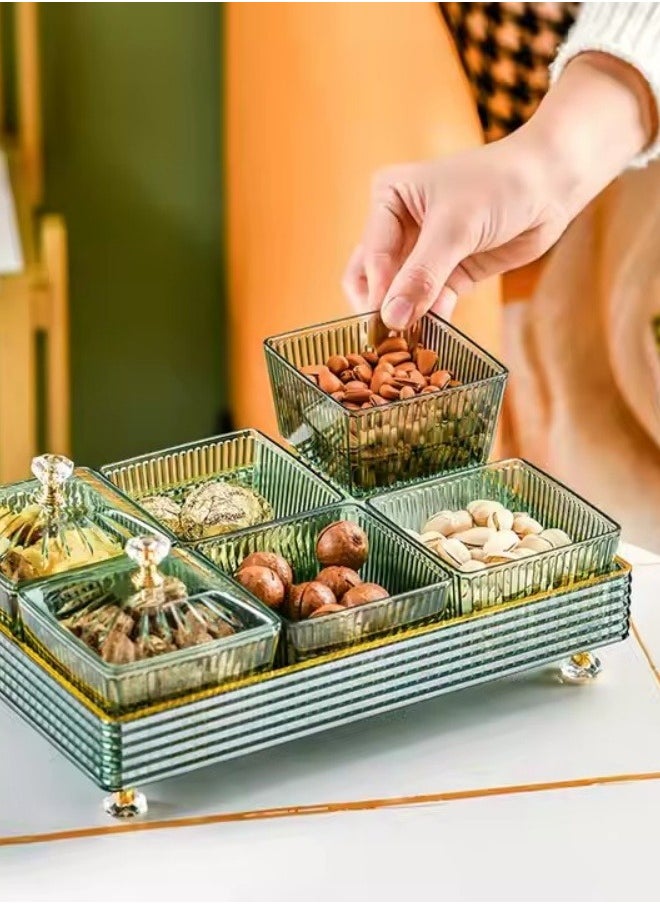 Snack Serving Tray, 4 Removable Divided Dried Fruit Plate Clear Snack Storage Box with Lid, Desktop Organizer for Fruits Nuts Candies Crackers Veggies