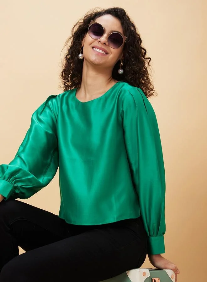 globus Globus Solid Round Neck Balloon Sleeve Top