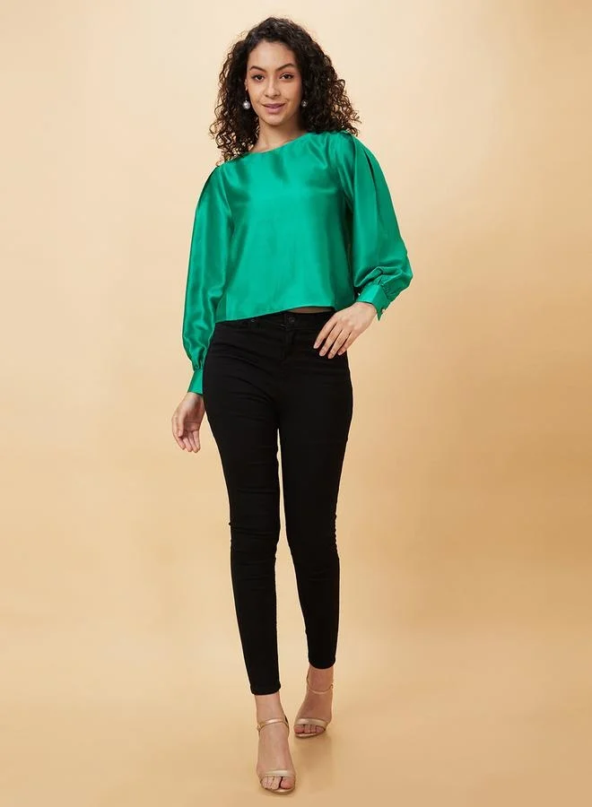 globus Globus Solid Round Neck Balloon Sleeve Top