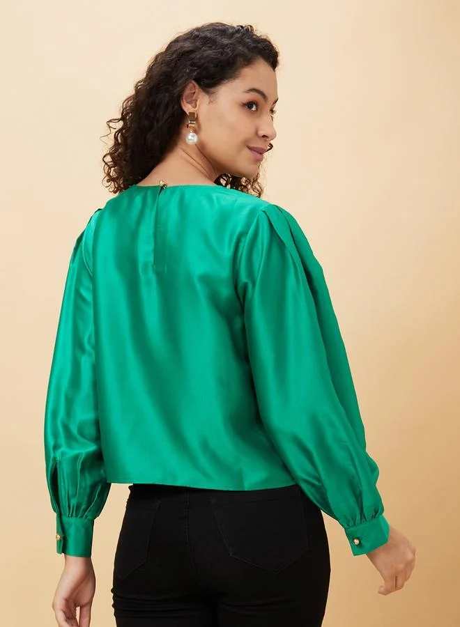 globus Globus Solid Round Neck Balloon Sleeve Top