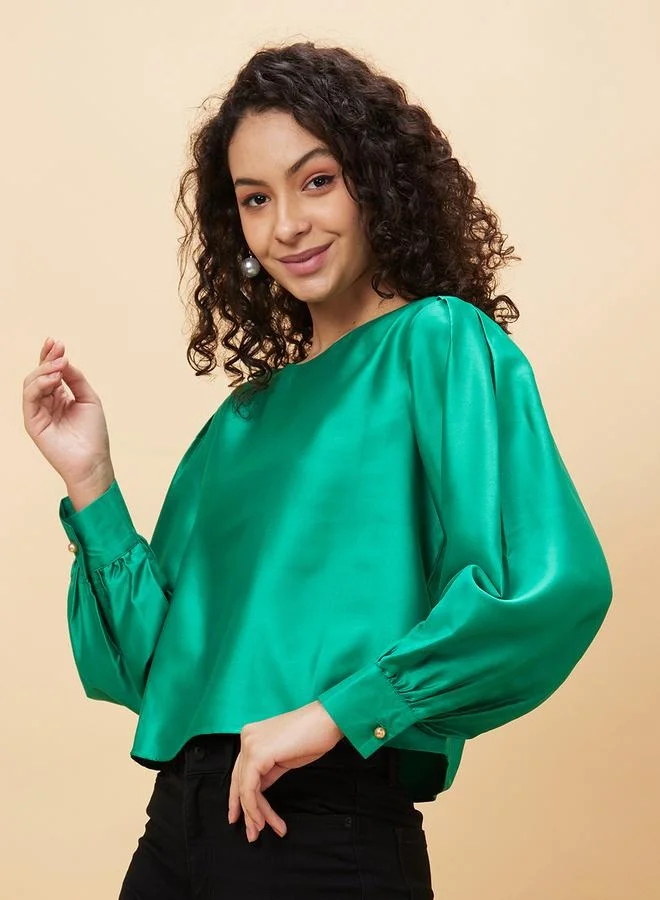 globus Globus Solid Round Neck Balloon Sleeve Top