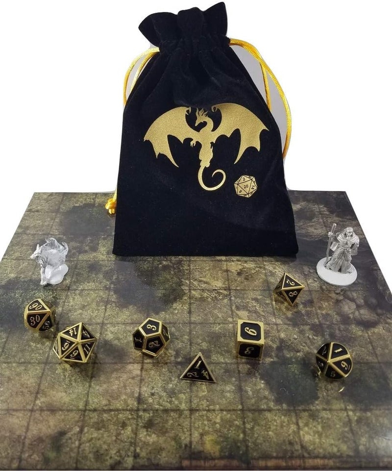 Black Dragon Velvet Drawstring Dice Bag with Gold Satin Interior