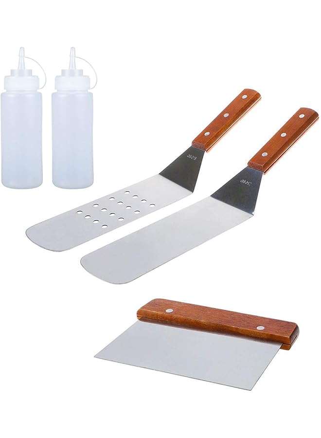 S-TOP 5 Piece Professional Grade Stainless Steel BBQ Grill and Griddle Spatulas Tool Kit Great for Grill Griddle Flat (2 Spatulas, 1 Chopper Scrapper,2 Condiment Bottles) - Image 1