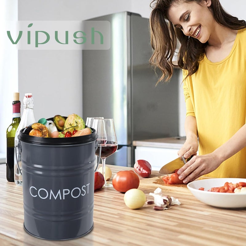 Vipush Compost Bin Kitchen Countertop Composter with lid – Small Compost ContainerI Includes Inner Compost Bucket Liner & Charcoal Filter, Grey - Image 5