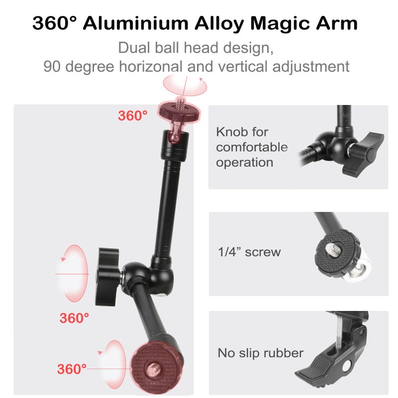 PellKing Magic Arm Clamp Kit, Camera Mount Articulating Friction Arm w 2 Pcs Super Clamp, w 1/4"-20 Screw and Thread Hole, for Camera, Light, Monitor, Webcam or Action Camera 2kg, for Table, Tube - Image 4