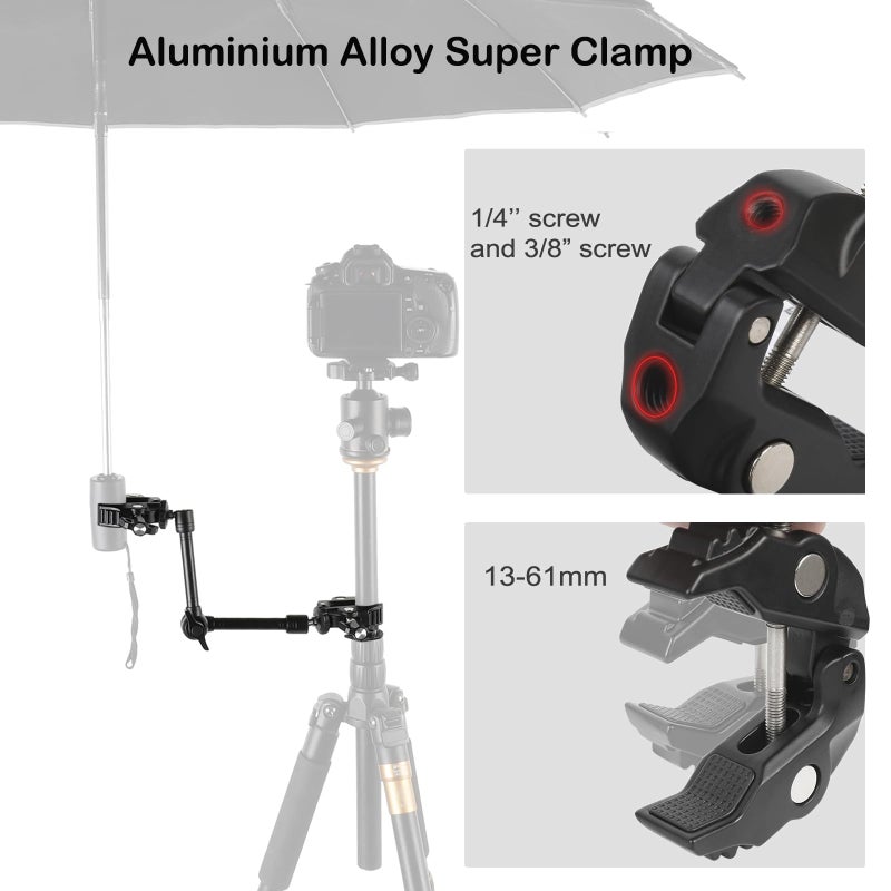 PellKing Magic Arm Clamp Kit, Camera Mount Articulating Friction Arm w 2 Pcs Super Clamp, w 1/4"-20 Screw and Thread Hole, for Camera, Light, Monitor, Webcam or Action Camera 2kg, for Table, Tube - Image 3
