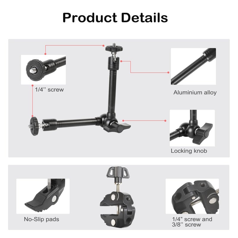 PellKing Magic Arm Clamp Kit, Camera Mount Articulating Friction Arm w 2 Pcs Super Clamp, w 1/4"-20 Screw and Thread Hole, for Camera, Light, Monitor, Webcam or Action Camera 2kg, for Table, Tube - Image 5