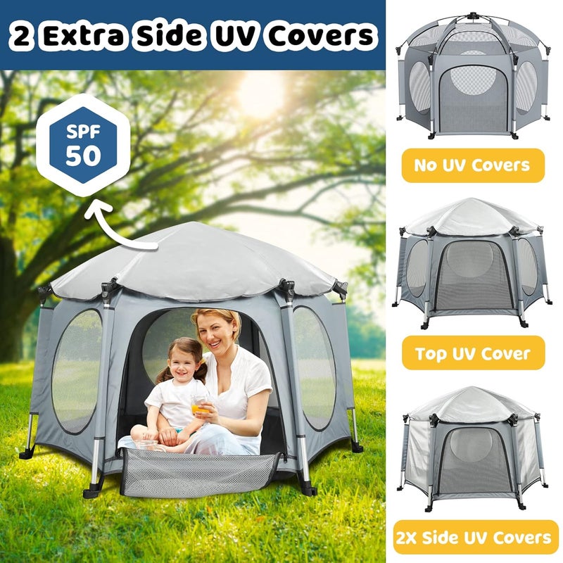 PRObebi Portable Pop Up Playpen for Babies and Toddlers  Grey Lightweight Outdoor Play Yard with Three SunShade  Beach and Indoor Use with Travel Bag - Image 3