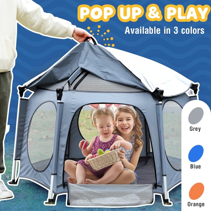 PRObebi Portable Pop Up Playpen for Babies and Toddlers  Grey Lightweight Outdoor Play Yard with Three SunShade  Beach and Indoor Use with Travel Bag - Image 4