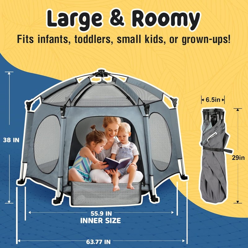 PRObebi Portable Pop Up Playpen for Babies and Toddlers  Grey Lightweight Outdoor Play Yard with Three SunShade  Beach and Indoor Use with Travel Bag - Image 2