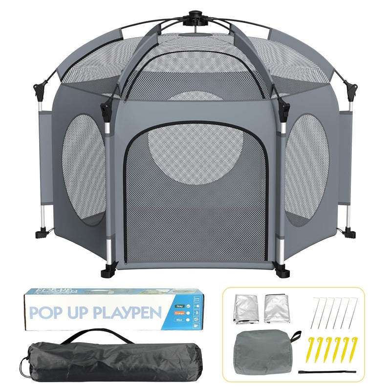 PRObebi Portable Pop Up Playpen for Babies and Toddlers  Grey Lightweight Outdoor Play Yard with Three SunShade  Beach and Indoor Use with Travel Bag - Image 1