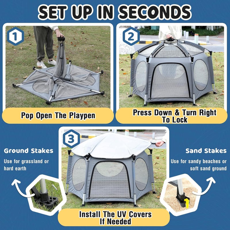 PRObebi Portable Pop Up Playpen for Babies and Toddlers  Grey Lightweight Outdoor Play Yard with Three SunShade  Beach and Indoor Use with Travel Bag - Image 5