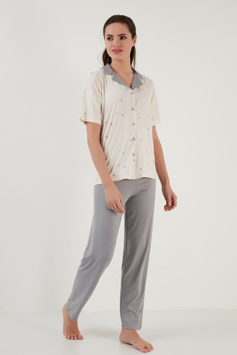 Lela Patterned Short Sleeve Elastic Waist Shirt Collar Woven Pajama Set Women's Pajama Set 6097515  - Image 2