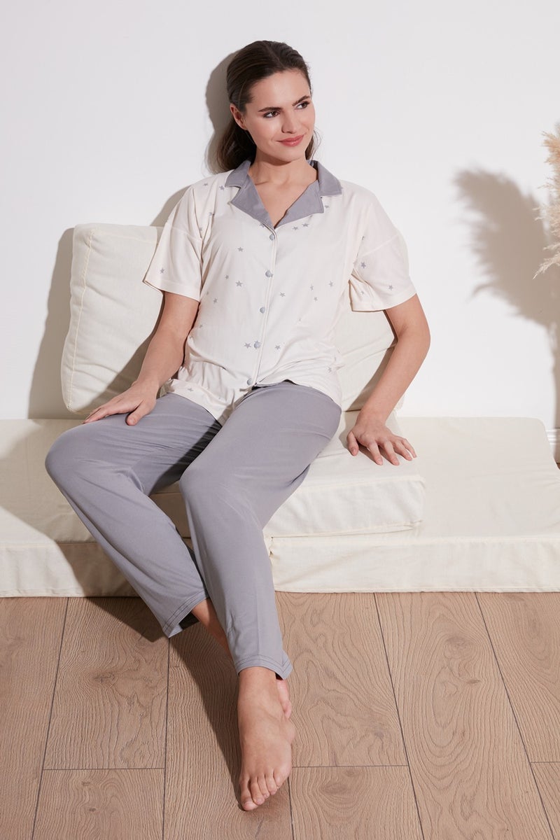 Lela Patterned Short Sleeve Elastic Waist Shirt Collar Woven Pajama Set Women's Pajama Set 6097515  - Image 1