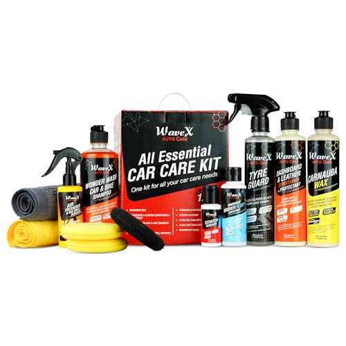 Wavex Car Polish Kit 12 Pcs | Includes Car Dashboard Polish, Car Wax, Tyre Polish, Car Shampoo, Windshield Washer & Car Freshener, Scratch Remover, 2 Cloths, 3 Applicators - Car Washing Kit - Image 1