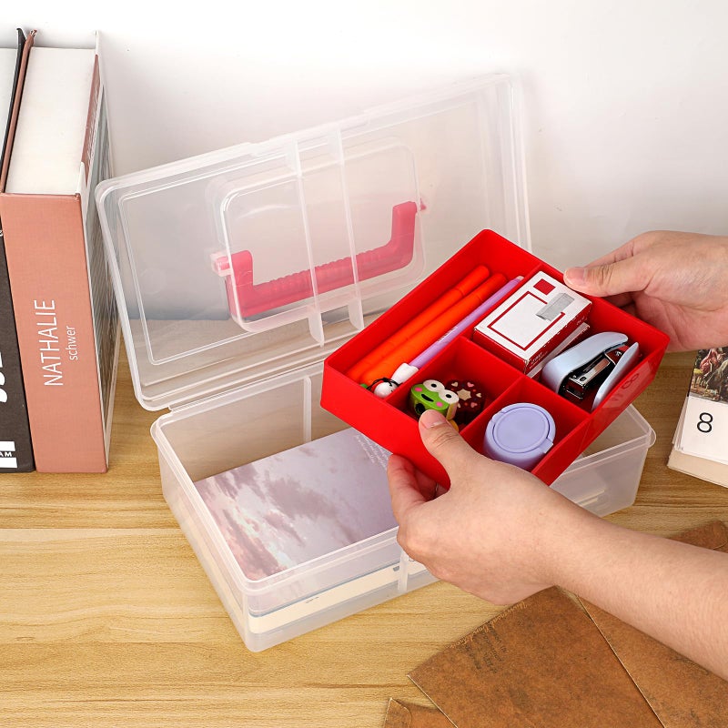 JUXYES Plastic Fishing Tackle Box Organizer with Removable Dividers, Clear Fishing Tackle Storage Boxes with Handle, 2 Layer Fishing Tackle Tray Box Lure Box, Red - Image 3