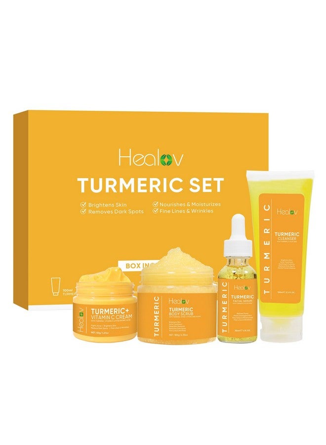 Healov Turmeric Skincare Set Turmeric Skin Care Products Brightening & Acne Turmeric Skin Care Kit Turmeric Skin Care Set Turmeric Cleanser Body Scrub Face Cream & Facial Serum - Image 1