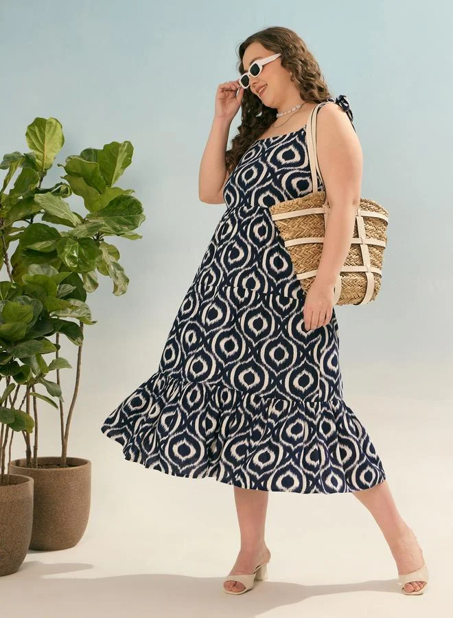 SASSAFRAS Sassafras Plus Navy Blue Geometric Tie Up Tiered Dress