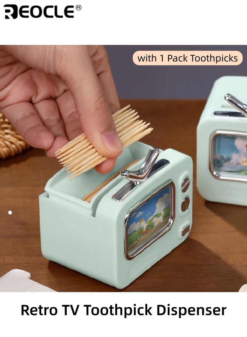 ريوكل موزع أعواد أسنان على شكل تلفزيون قديم بميزة الخروج التلقائي وحزمة أعواد أسنان مجانية - منظف على الطراز الكلاسيكي بتصميم مضغوط لديكور طاولة الطعام والمطبخ - Image 1